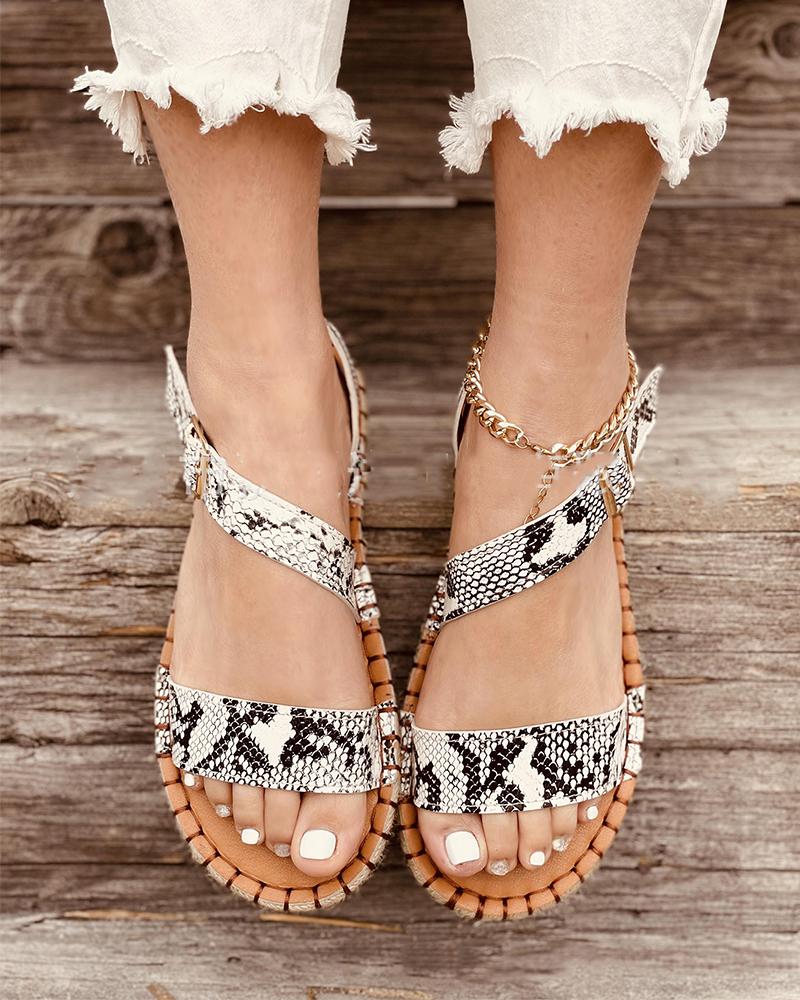 

Snakeskin Strap Open-toe Flat Sandals, White