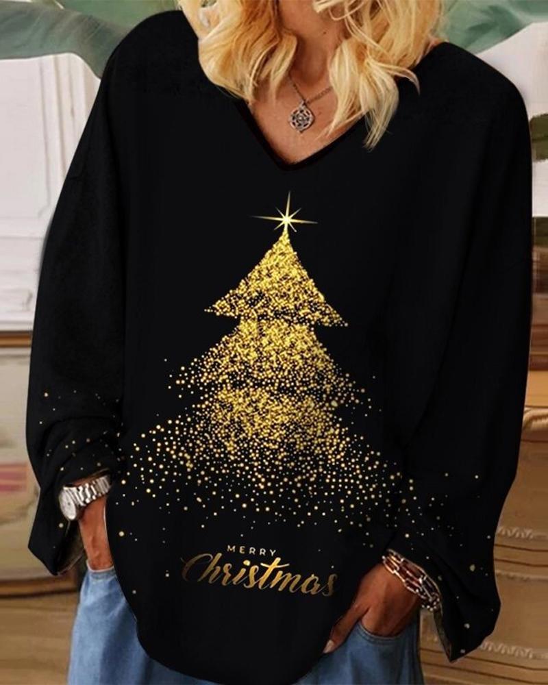 

Christmas Tree Print Long Sleeve Casual Top, Black