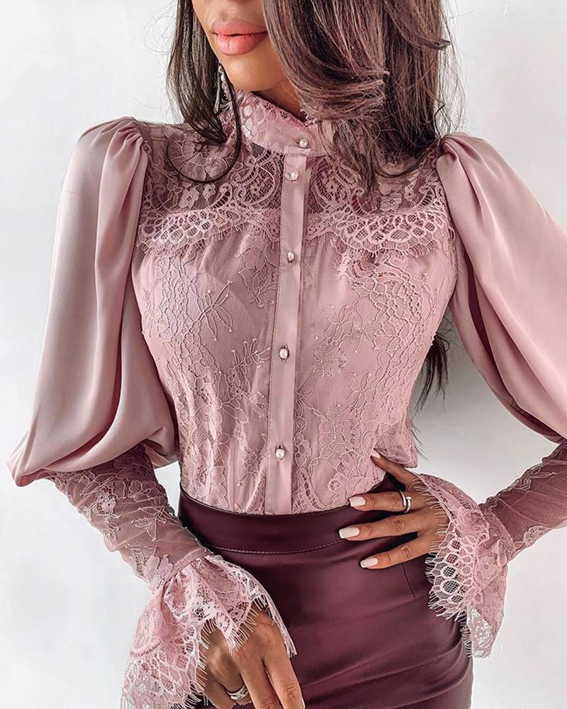 

Lace Patchwork Puff Sleeve Buttoned Blouse, Pink