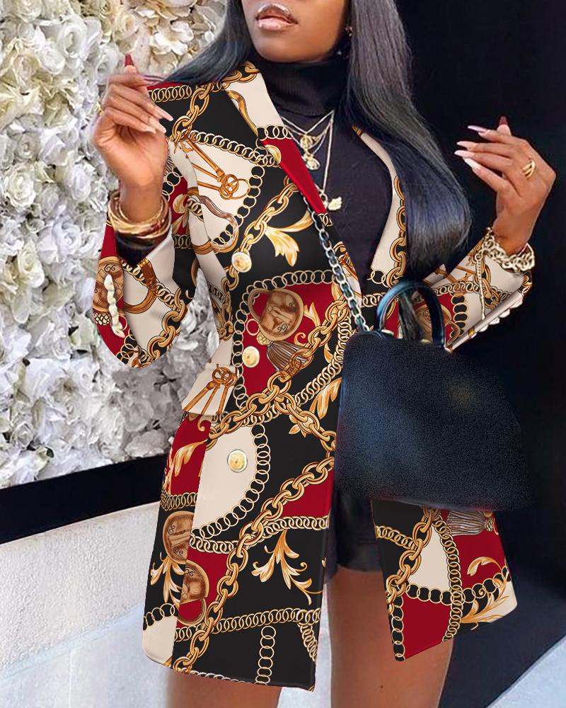 

Scarf Chain Print Buttoned Longline Blazer Coat, Multicolor