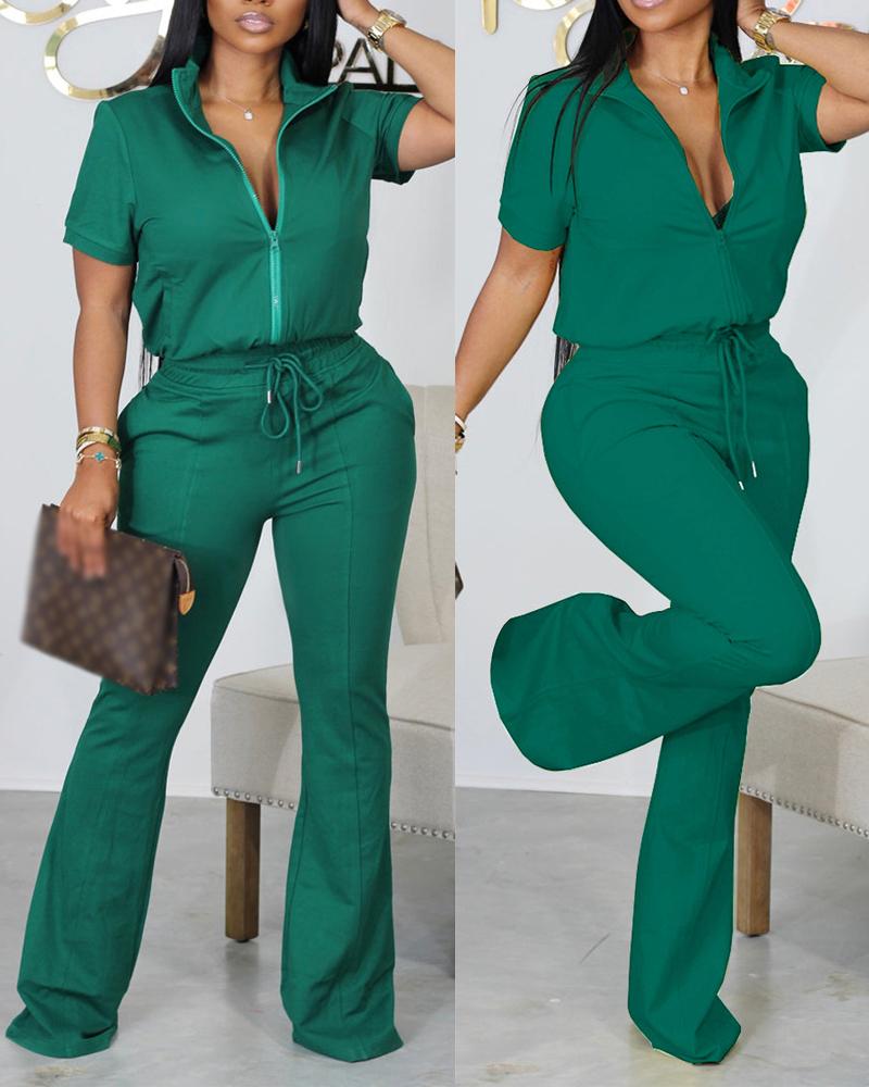 

Short Sleeve Zip Up Top & Drawstring Pants Set, Green