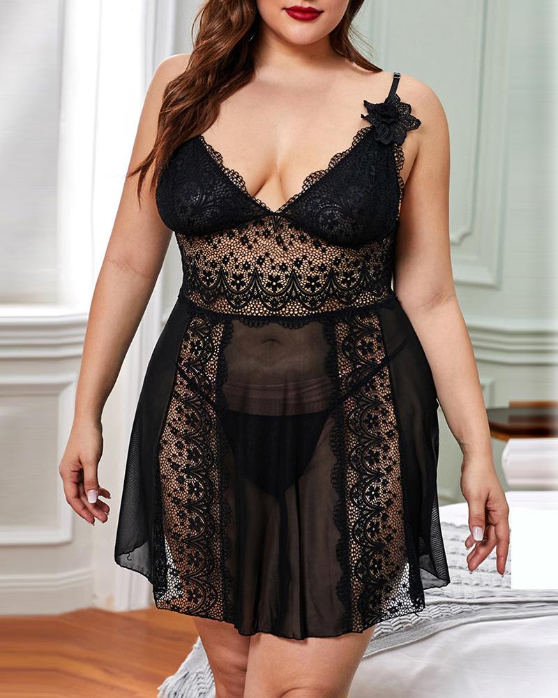 

Plus Size Sheer Mesh Lace Babydoll With Panty, Black