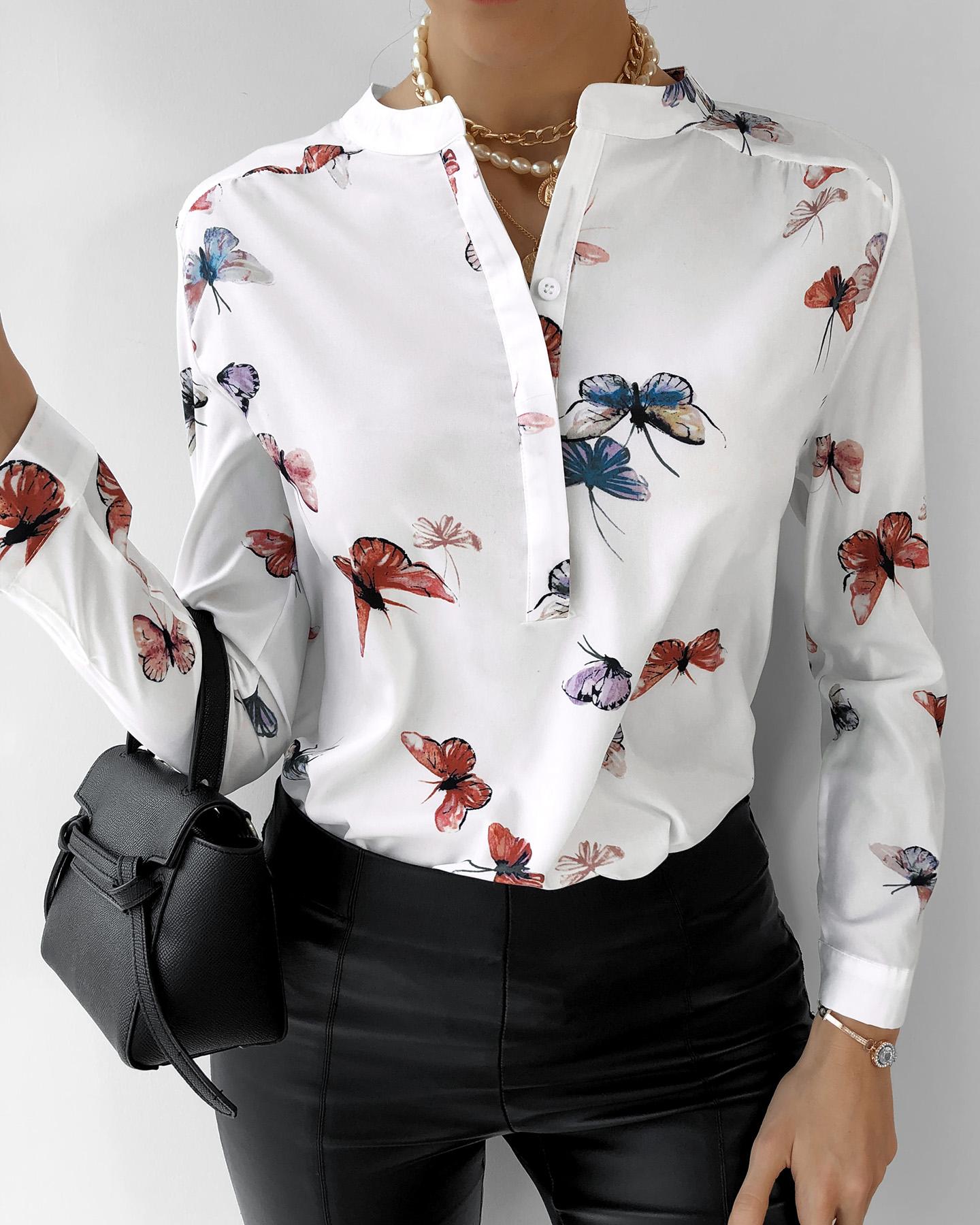 

Butterfly Print Buttoned Long Sleeve Top, White