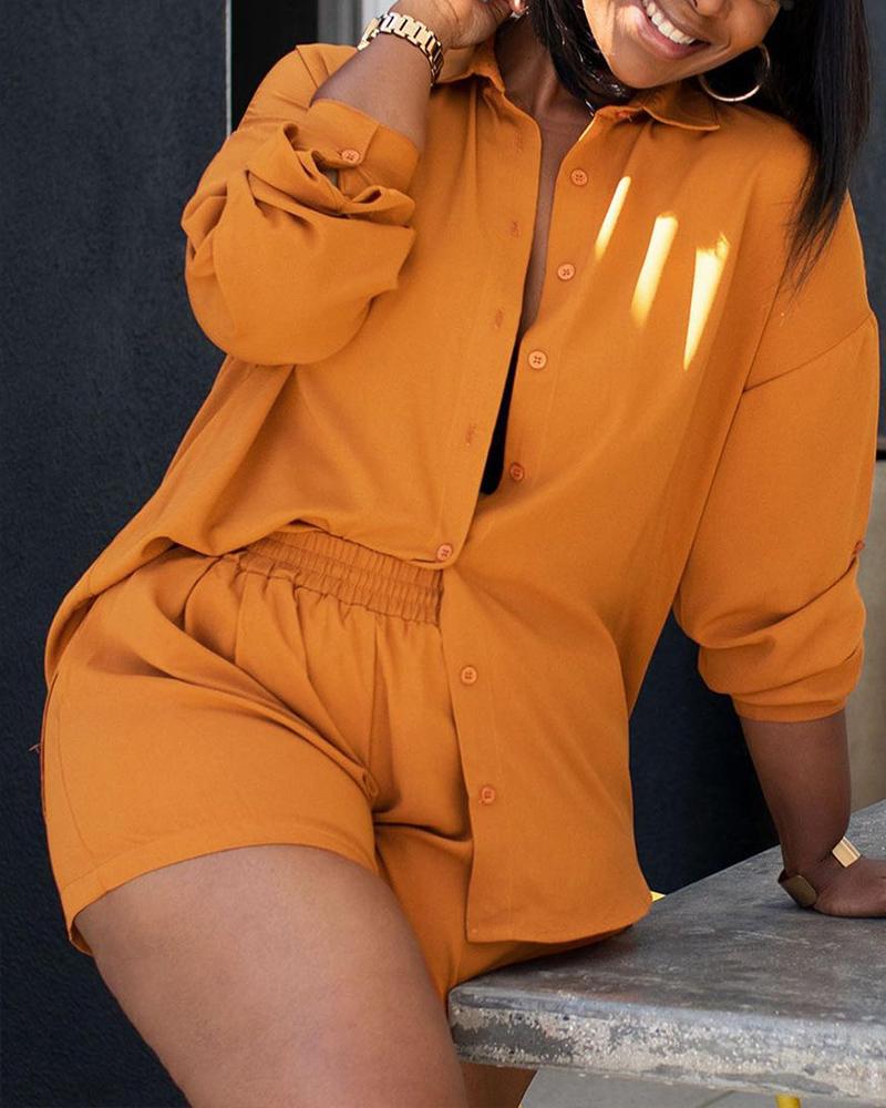 

Long Sleeve Buttoned Shirt & Pocket Design Shorts Set, Yellow