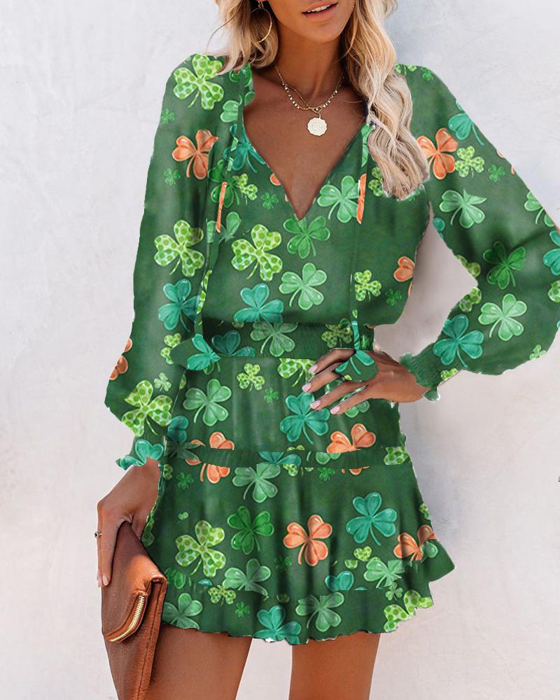 St. Patrick's Day Clovers Print Long Sleeve Mini Dress