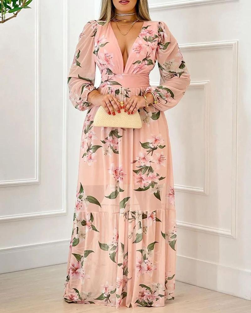 

Floral Print Puff Sleeve Deep V-Neck Maxi Dress, Pink
