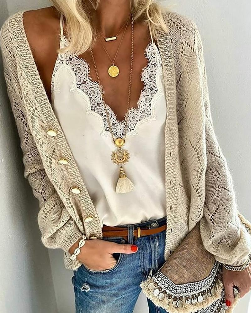 

Solid Strap Lace Splicing Top, White