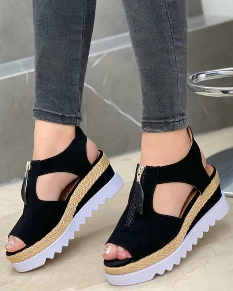 

Zipper Design Hollow Out Wedge Sandals, Black
