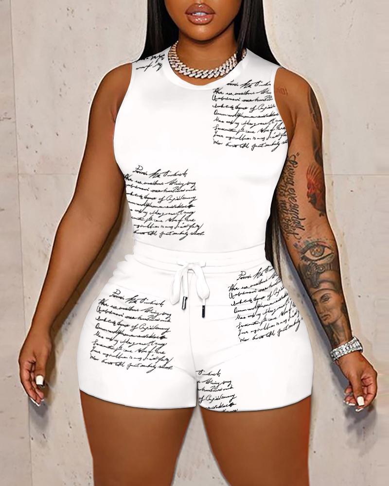 

Letter Print Basic Tank Top & Drawstring Shorts Set, White