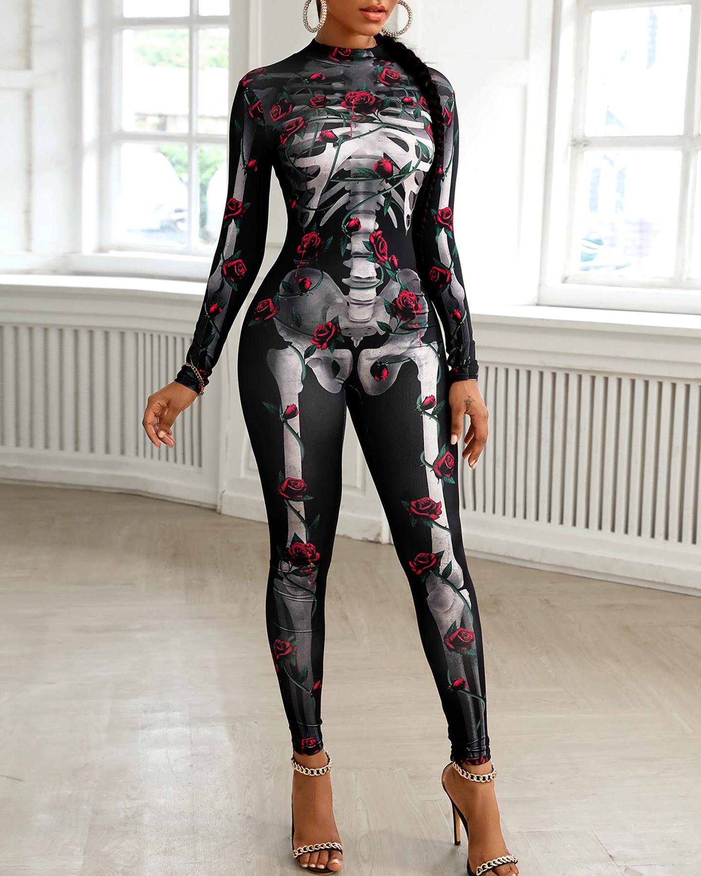 

Skull Skeleton Print Zip Back Halloween Costume Jumpsuit, Style2