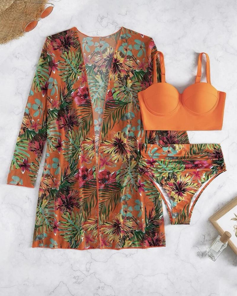 

3PCS Tropical Print High Waist Bikini Set With Cover Up, Orange