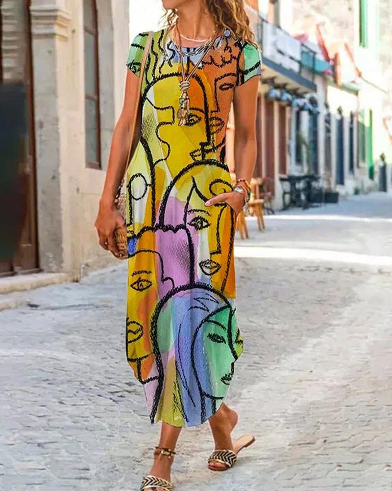 

Pocket Decor Figure Print Maxi Dress, Multicolor