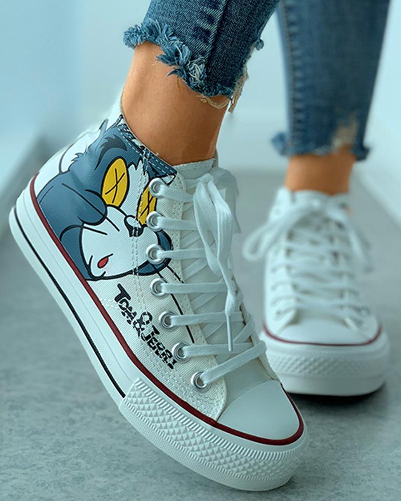 

Cartoon Print Eyelet Lace-up High Top Canvas Shoes, White