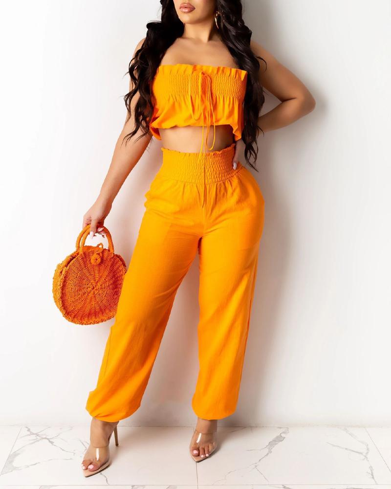 

Multi-way Wear Shirred Crop Top & High Waist Pants Set, Orange