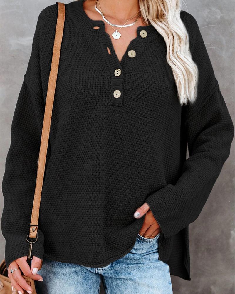 

Long Sleeve Button Front Split Hem Sweater, Black
