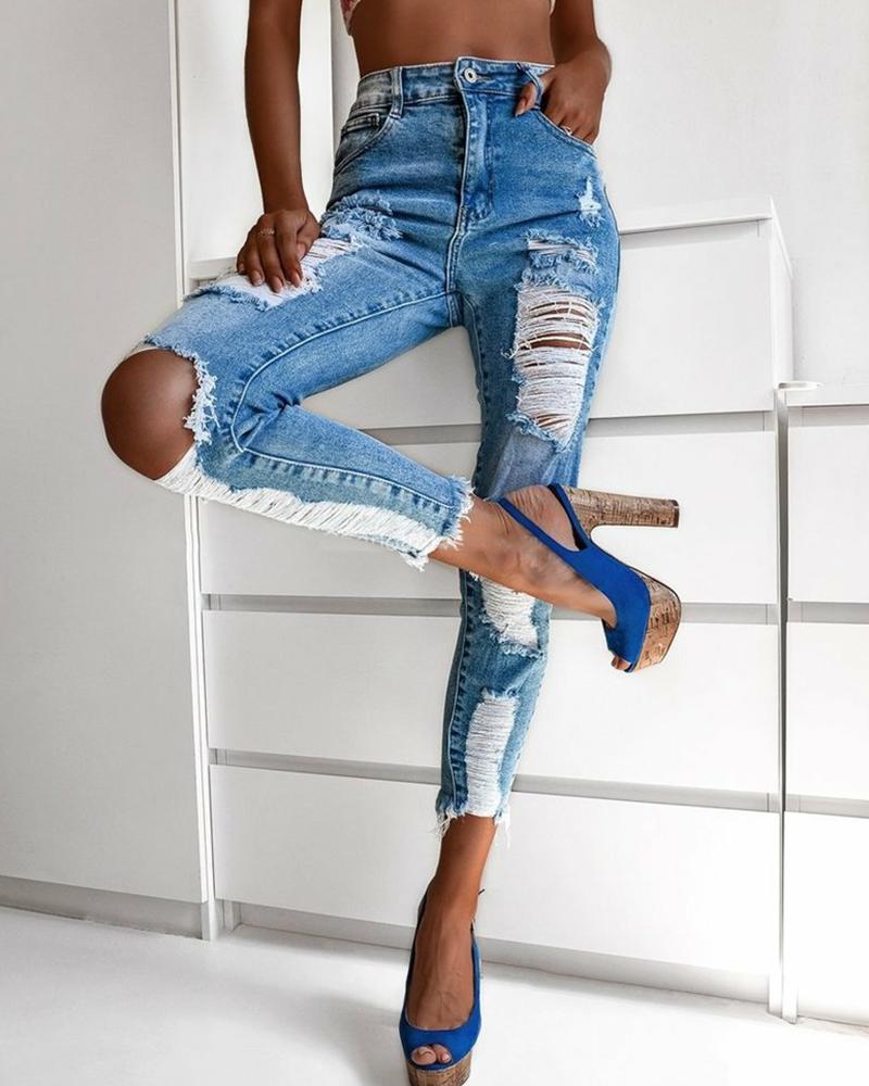 

Pocket Zipper Decor Ripped Raw Hem Skinny Jeans, Blue