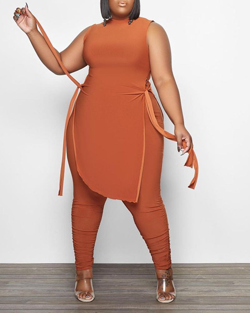 

Plus Size Tied Detail Asymmetrical Top & Ruched Pants Set, Orange