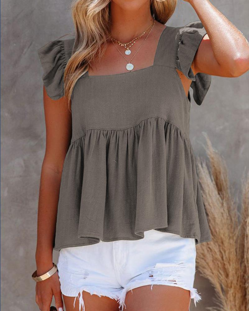 

Square Neck Flutter Sleeve Peplum Top, Gray