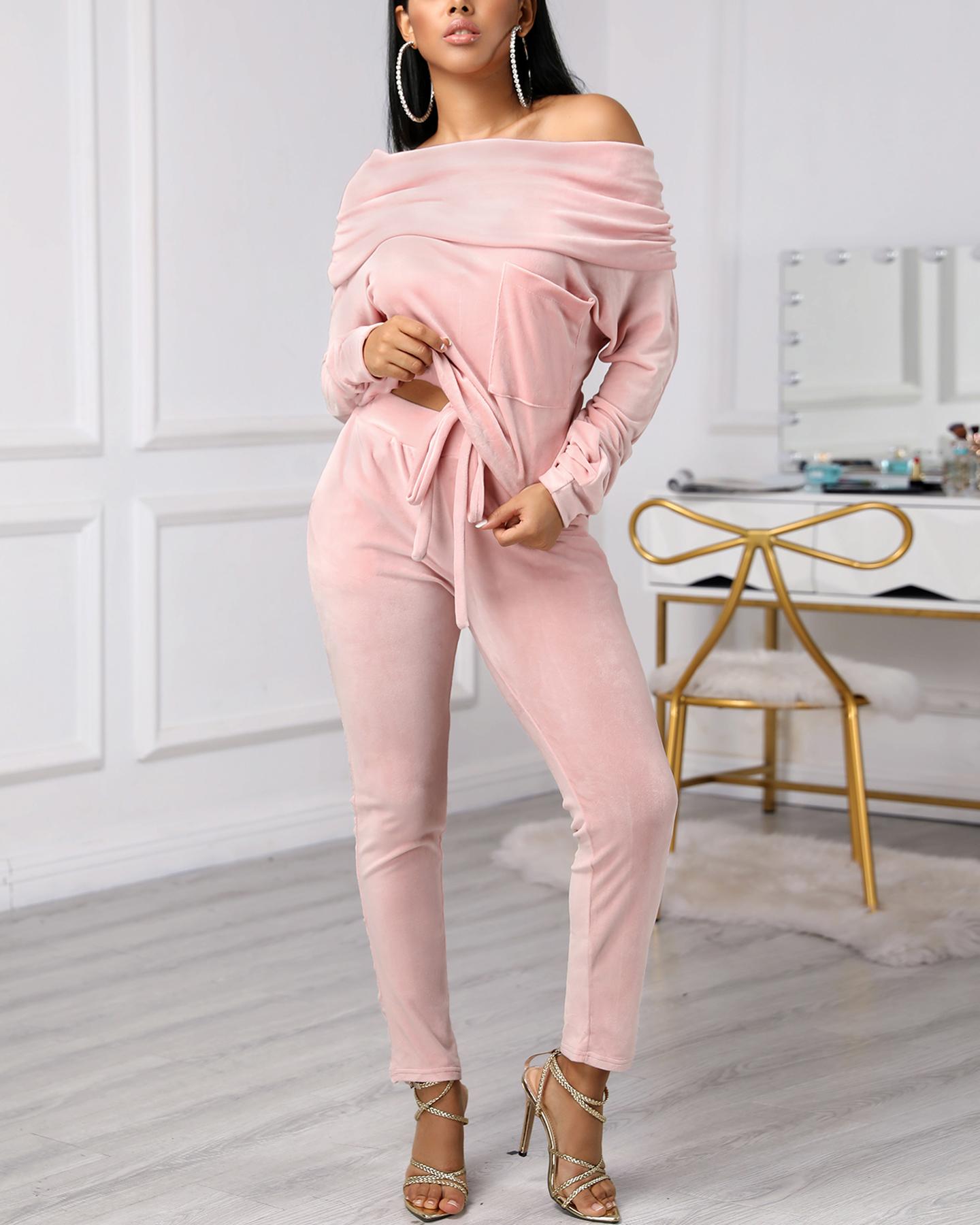 

Velvet Off Shoulder Ruched Top & Drawstring Pant Sets, Pink