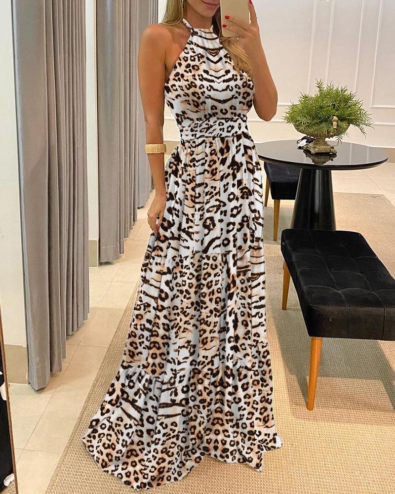 

Leopard Print Halter Backless Evening Dress