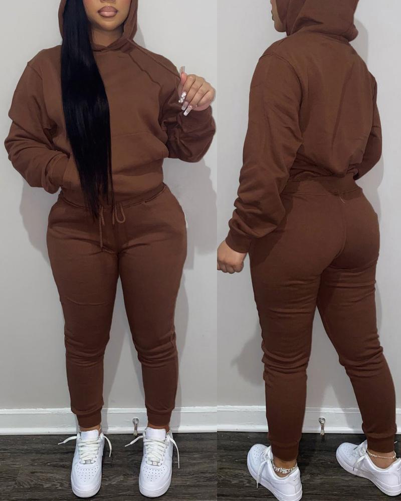

Long Sleeve Casual Hoodie & Drawstring Pants Set, Coffee