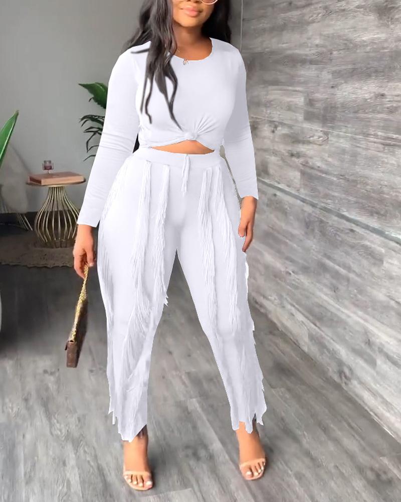 

Ribbed Long Sleeve Top & Tassel Trim Pants Set, White