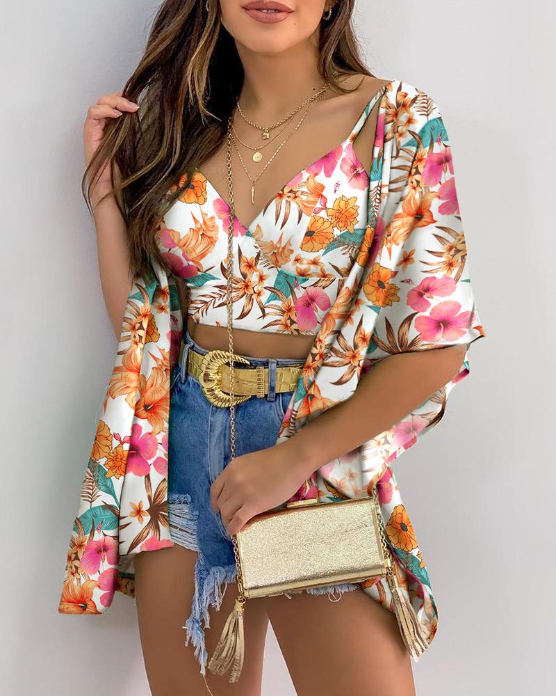 

Tropical Print Crop Top & Cover Up Set, Multicolor