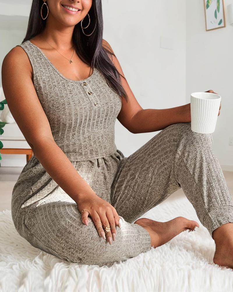 

Plus Size U-Neck Sleeveless Drawstring Pajamas Set, Khaki