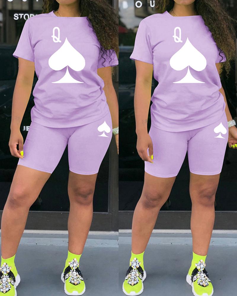 

Poker Print Short Sleeve Top & Skinny Shorts Set, Purple