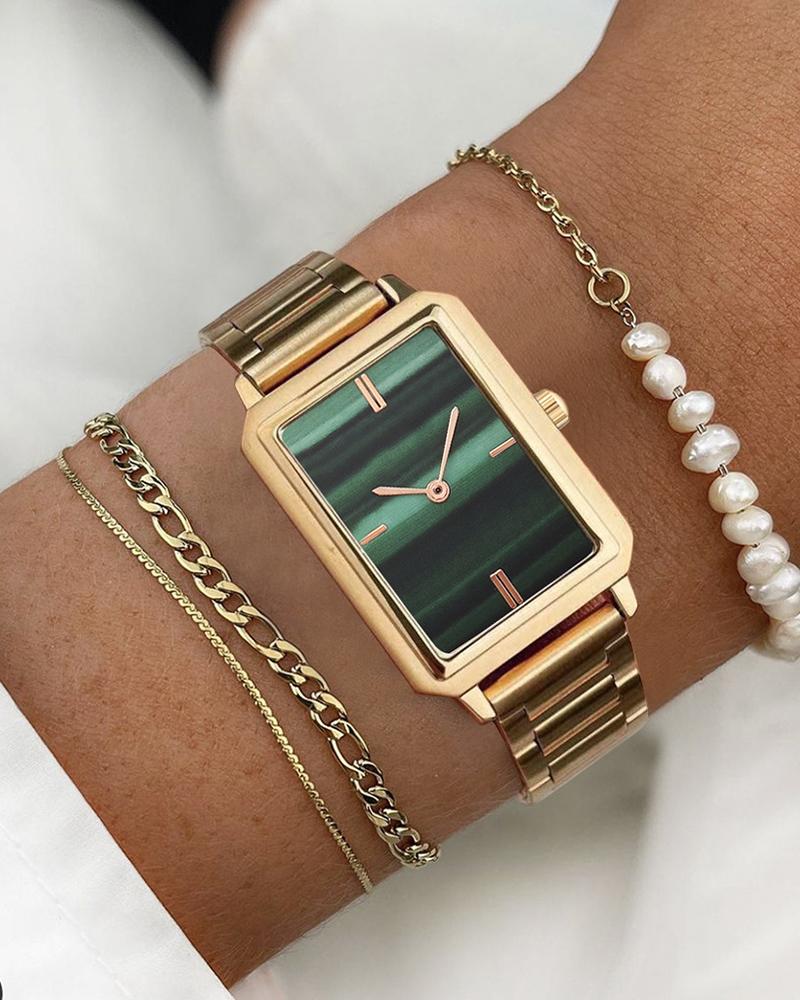 

Stainless Steel Strap Quartz Square Small Slim Watch & Bracelet Set, Gold