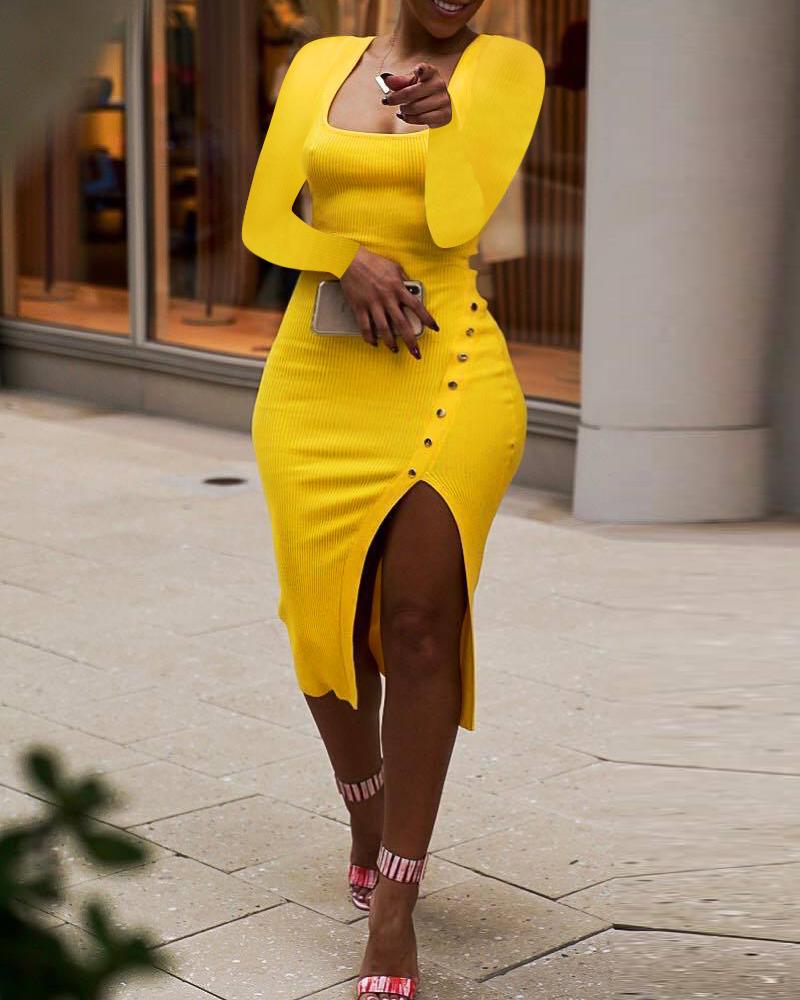 

Ribbed Square Neck Split Thigh Bodycon Dress, Yellow