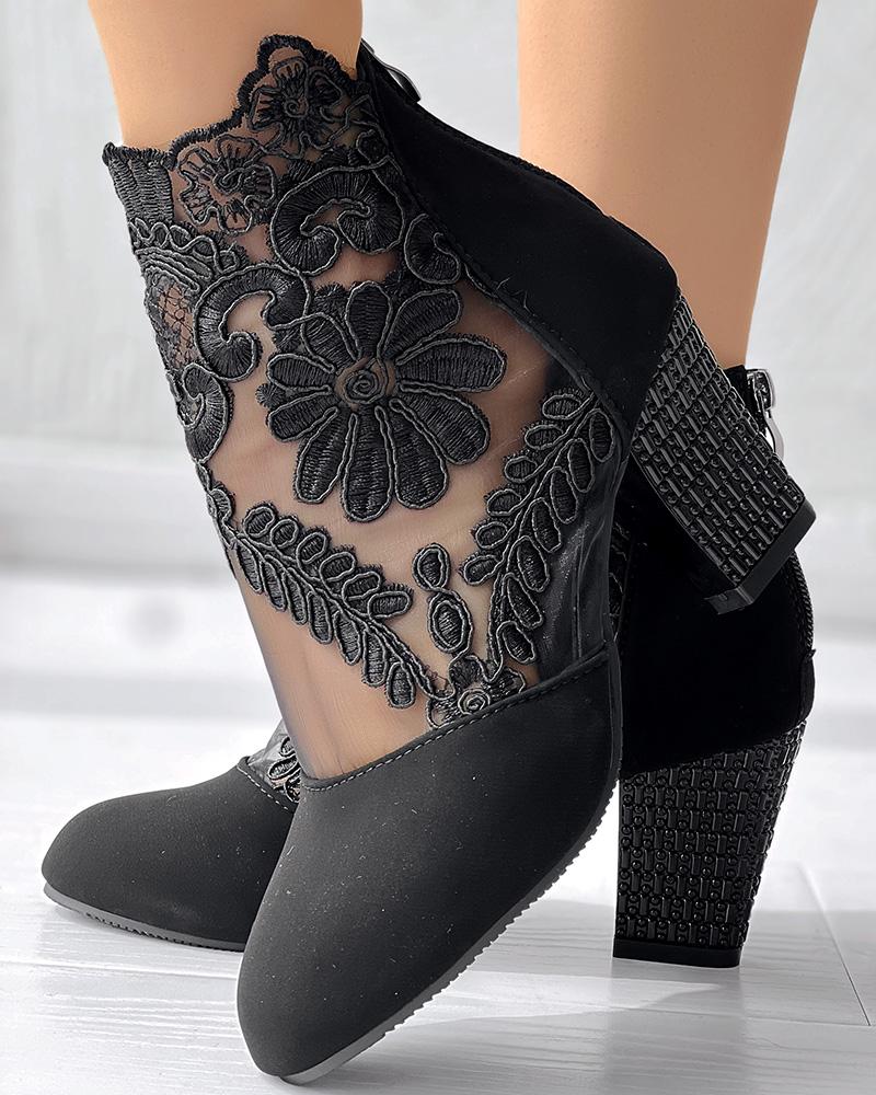 

Lace Floral Embroidery Patch Chunky Heel Ankle Boots, Black