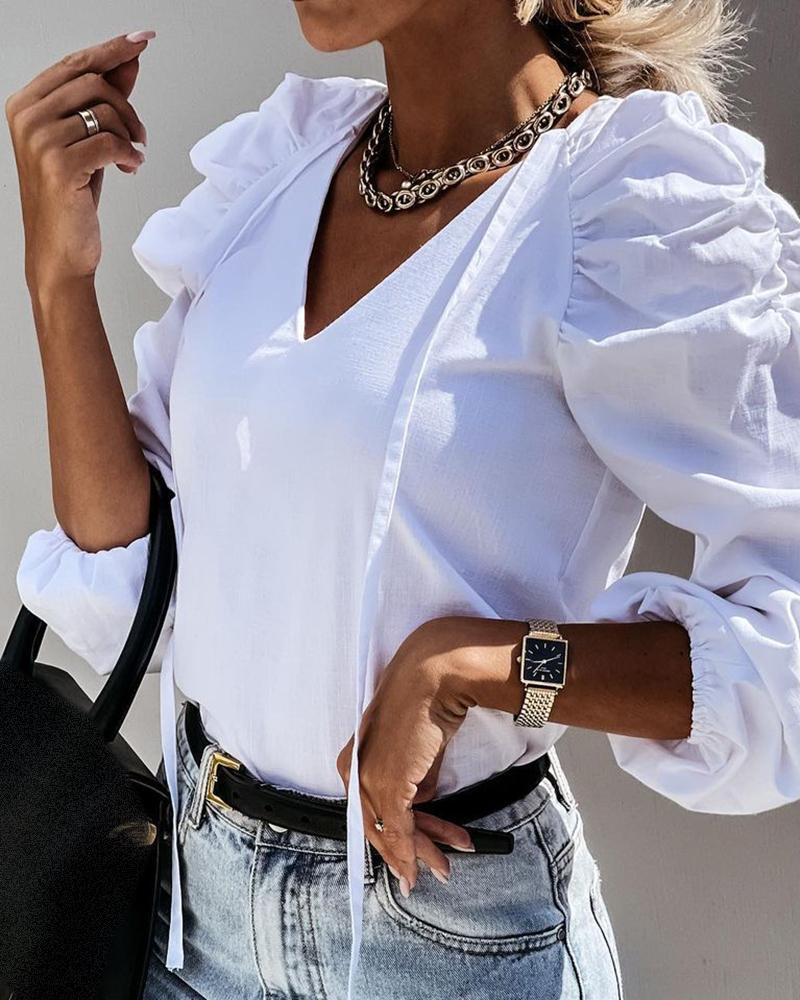 

Gigot Sleeve V Neck Top, White