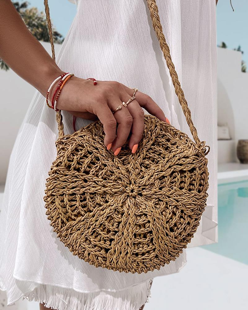 

Round Shaped Tassel Braided Straw Bag, Light brown