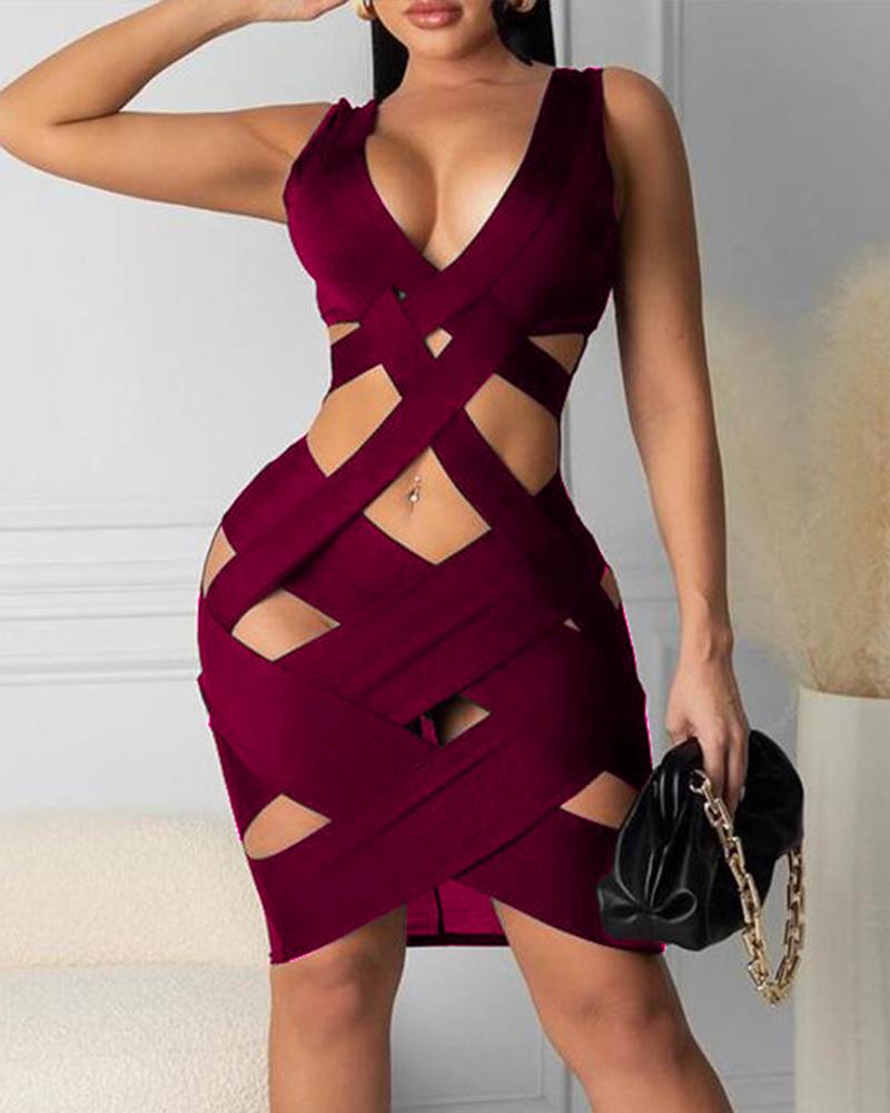 

Plain Cutout Sleeveless Bodycon Dress, Red