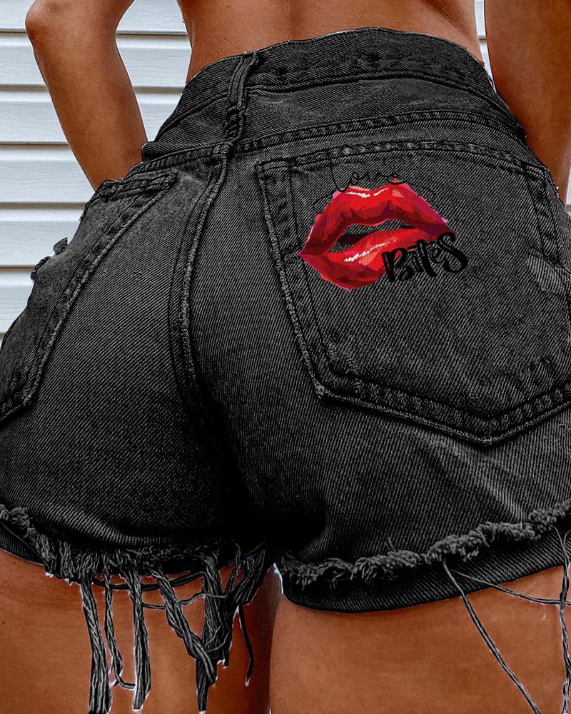 

Lip Letter Print Fringe Denim Shorts, Black