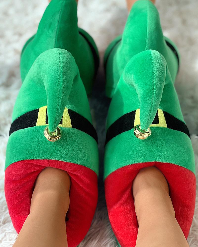 

Christmas Elf Jingle Bell Cartoon Fuzzy Slippers, Green