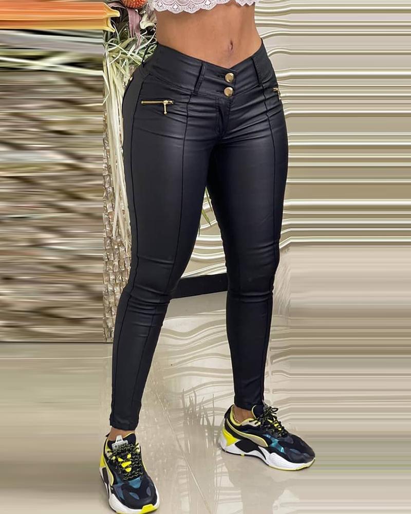 

PU Leather Zipper Pocket Button Design Skinny Pants Milddle Waist Long Trousers, Black