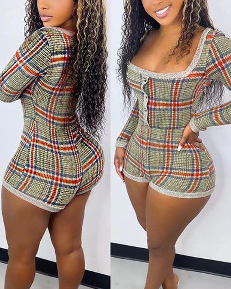

Plaid Print Long Sleeve Button Front Romper, Green