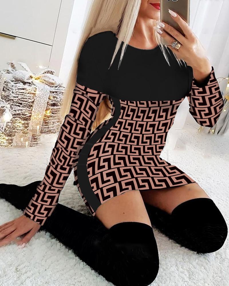 

Geo Print Patchwork Long Sleeve Bodycon Dress, Black