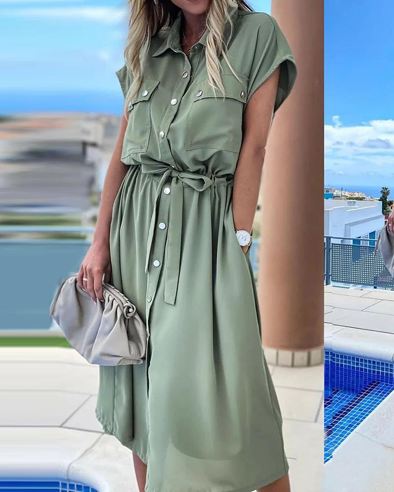 

Button Pocket Design Slit Shirt Dress, Green