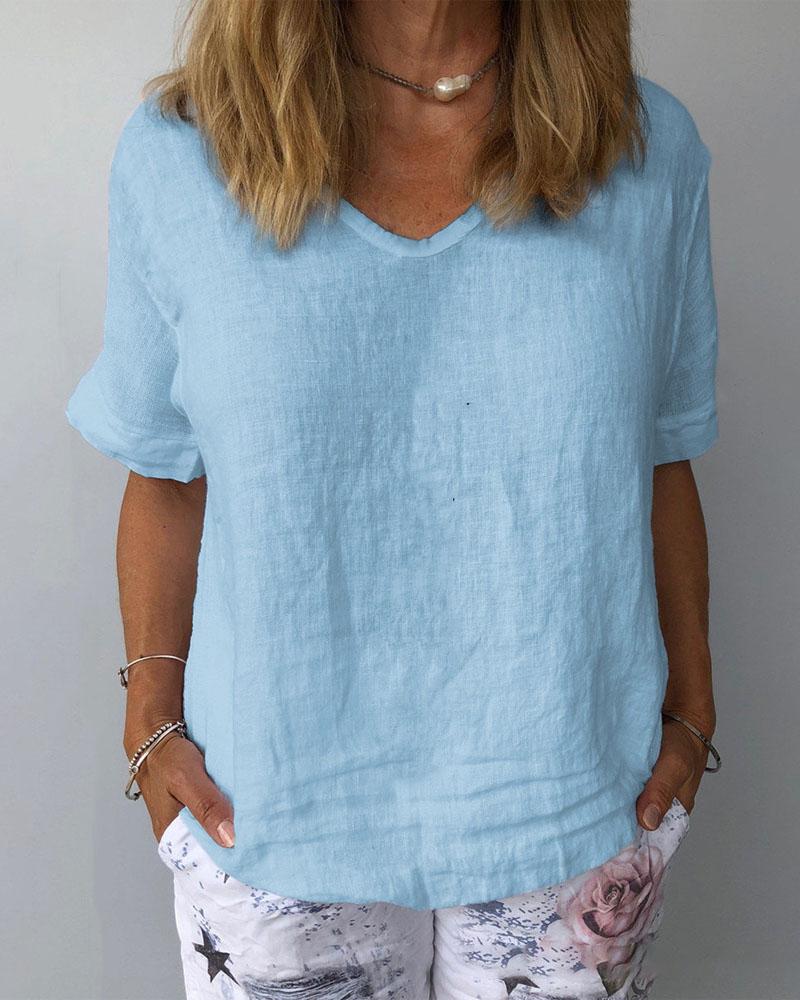 

Plain Short Sleeve Casual T-shirt, Lighted blue