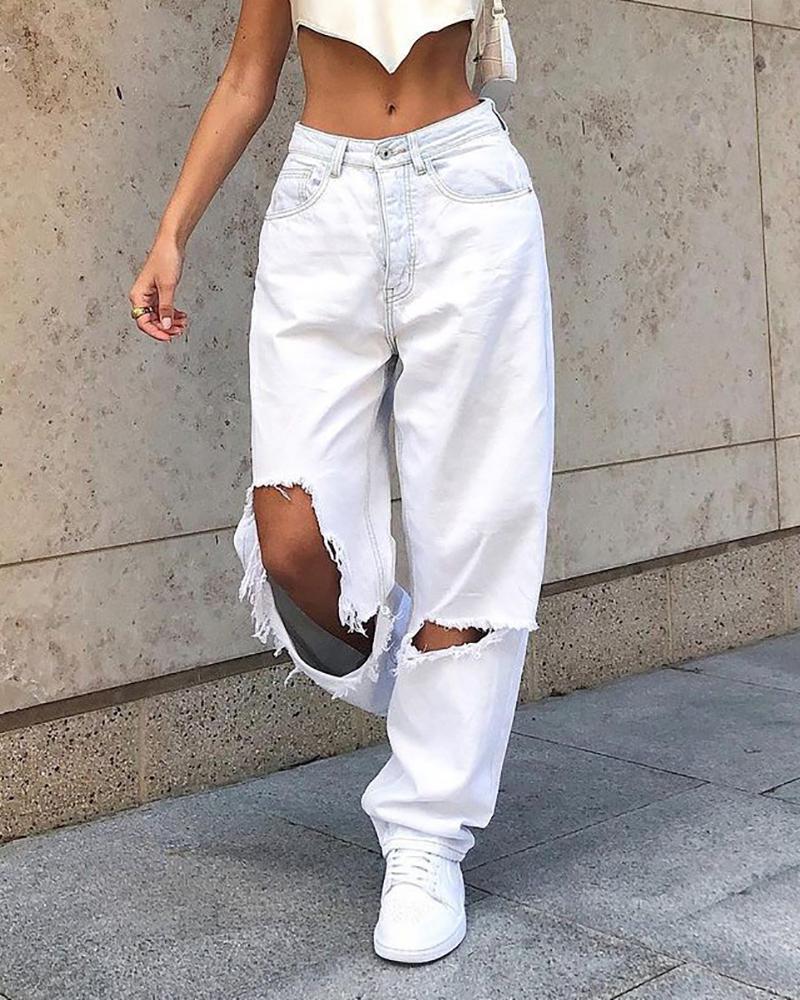 

Single Button Ripped Cutout Pocket Design Jeans, White