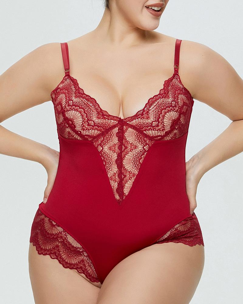 

Contrast Lace Spaghetti Strap Tummy Control Shapewear Bodysuit, Red