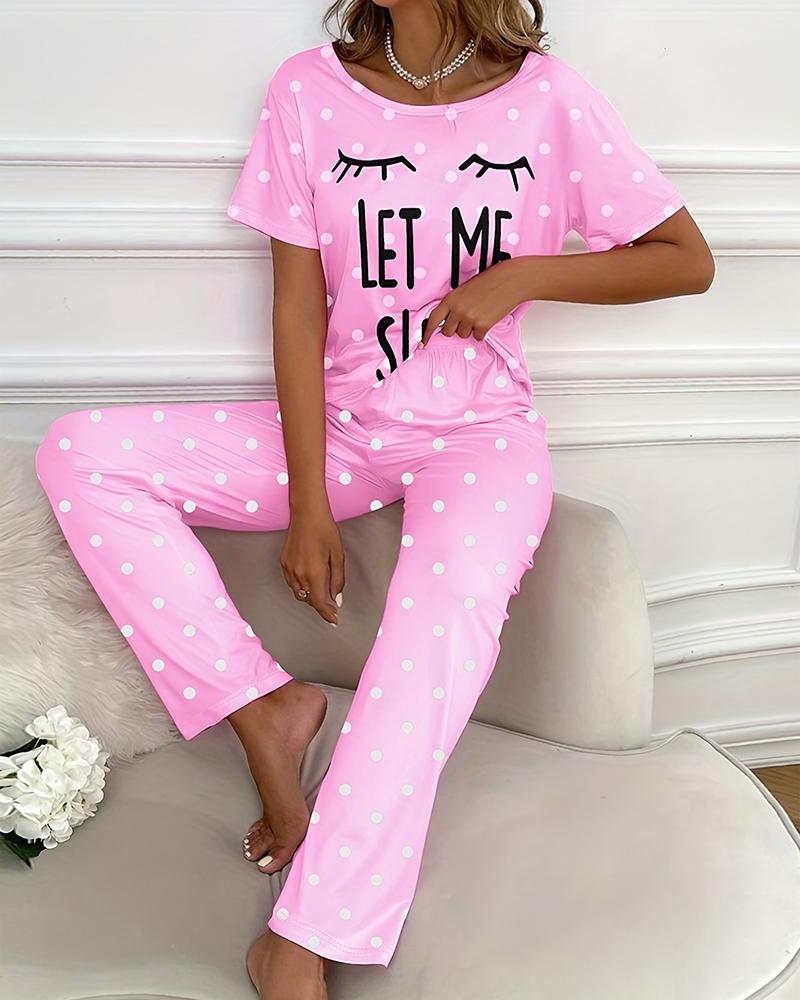 

Let Me Sleep Figure Polka Dot Print Round Neck Pajamas Set, Pink