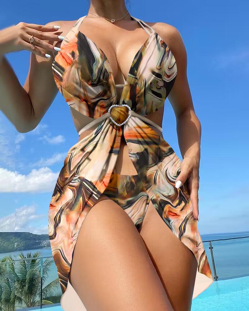 

3PCS Marble Print Halter Bikini Set With Cover Up, Apricot