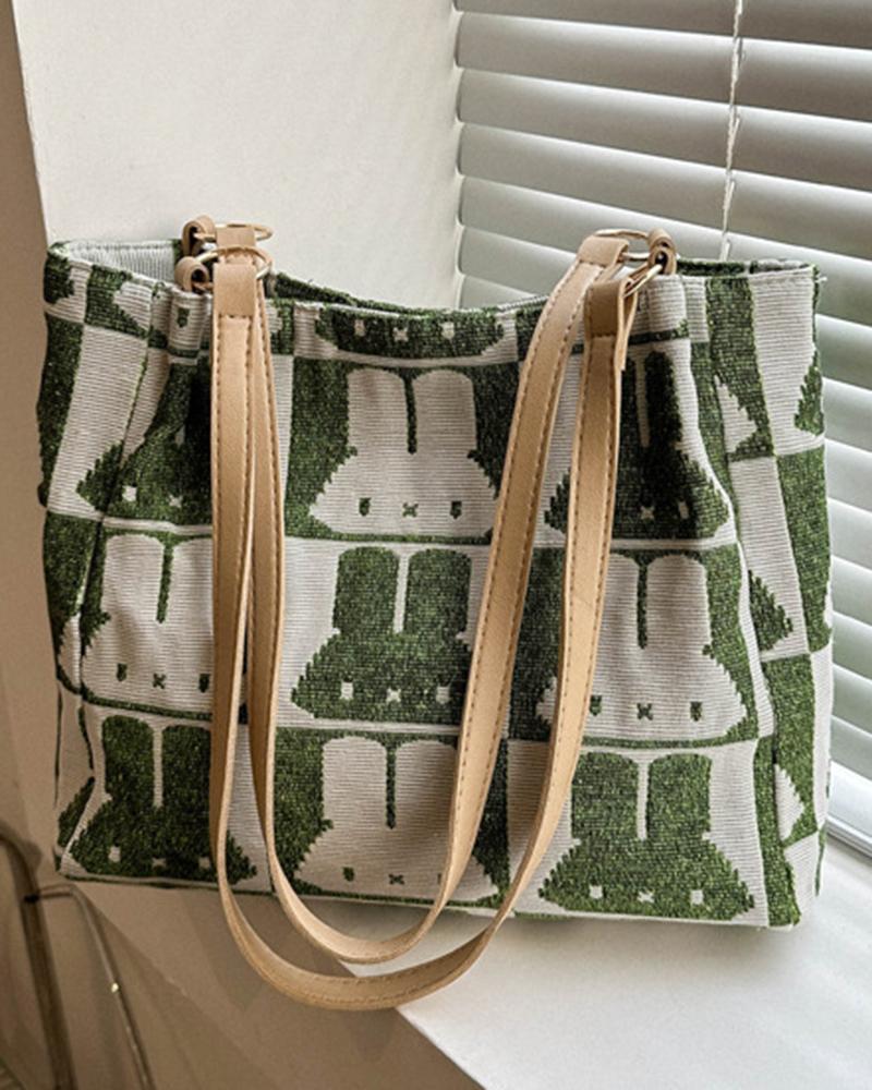 

Cartoon Rabbit Print Colorblock Shoulder Bag, Green