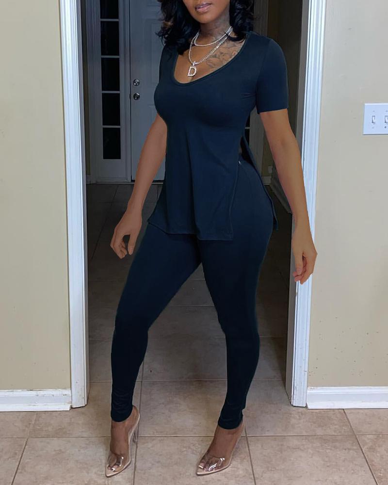 

Short Sleeve Slit Basic Top & Pants Set, Black