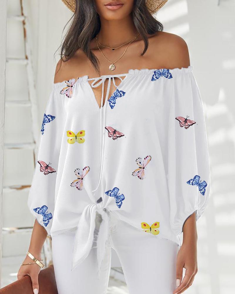 

Off Shoulder Butterfly Print Tied Detail Top, Multicolor