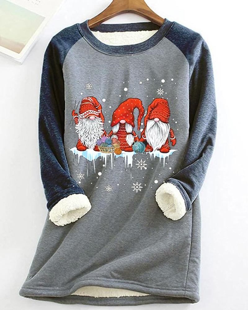 

Christmas Gnome Print Thermal Warm Fleece Lined Sweatshirt, Blue